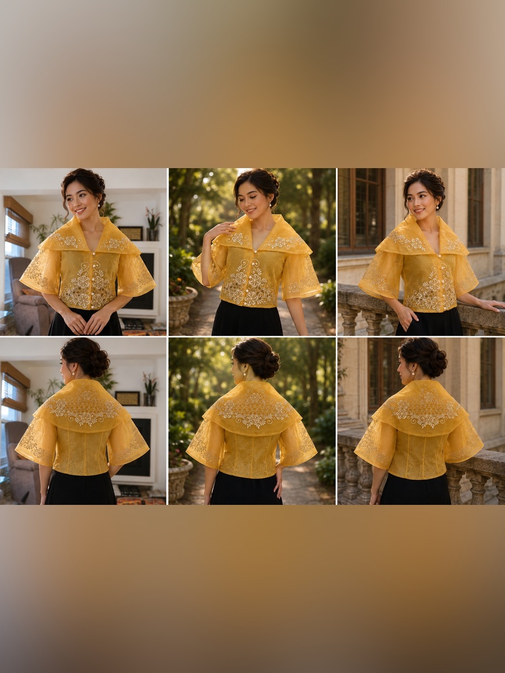 Filipiniana Balona Maria Clara Yellow Gold Embroidered Organza Bolero Jacket - Picture 4 of 7